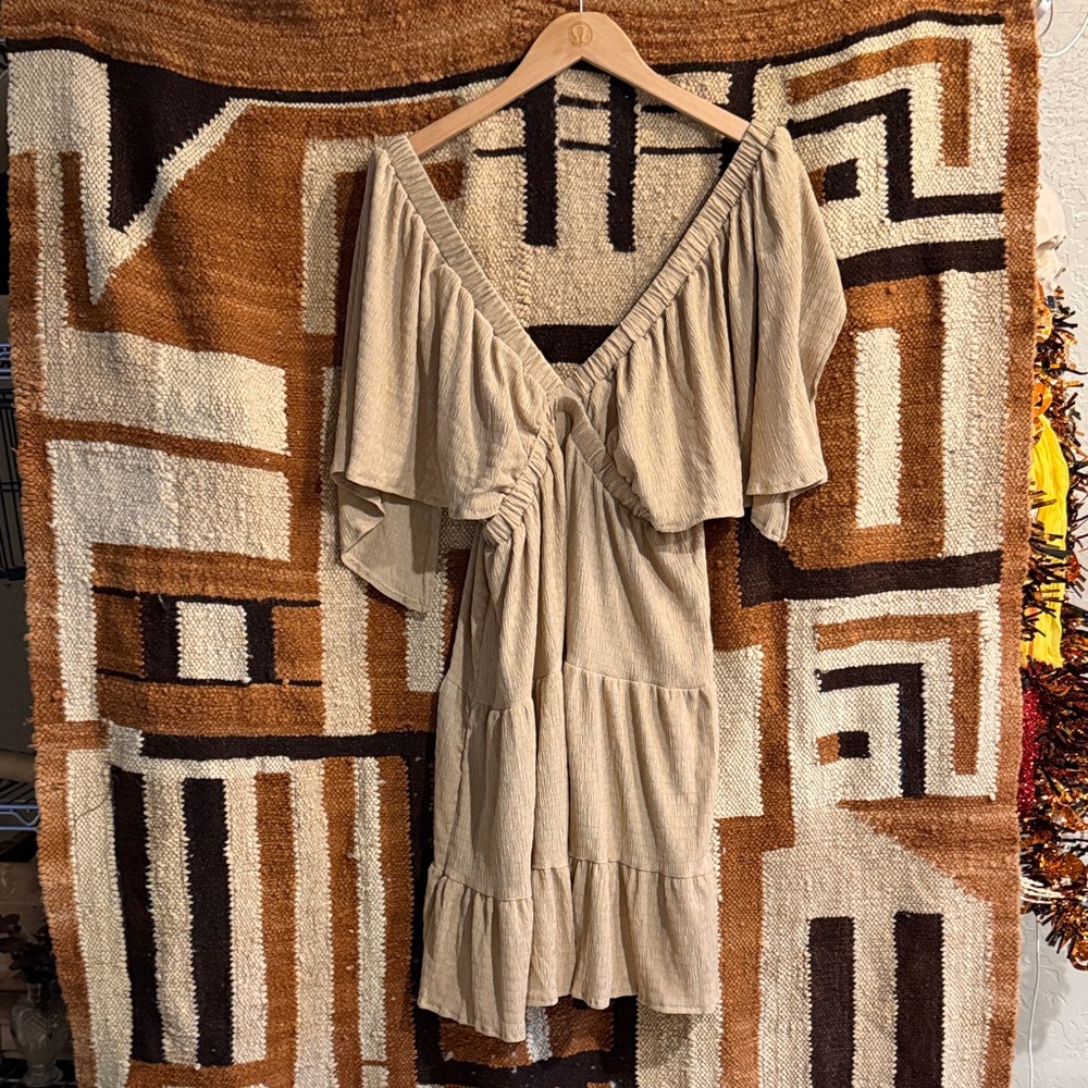 Beige Ruffled V-Neck Dress